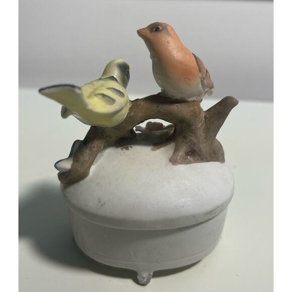 Lefton Porcelain Hand Painted Lidded Trinket Box Pink Yellow Birds On Branch - Picture 2 of 4